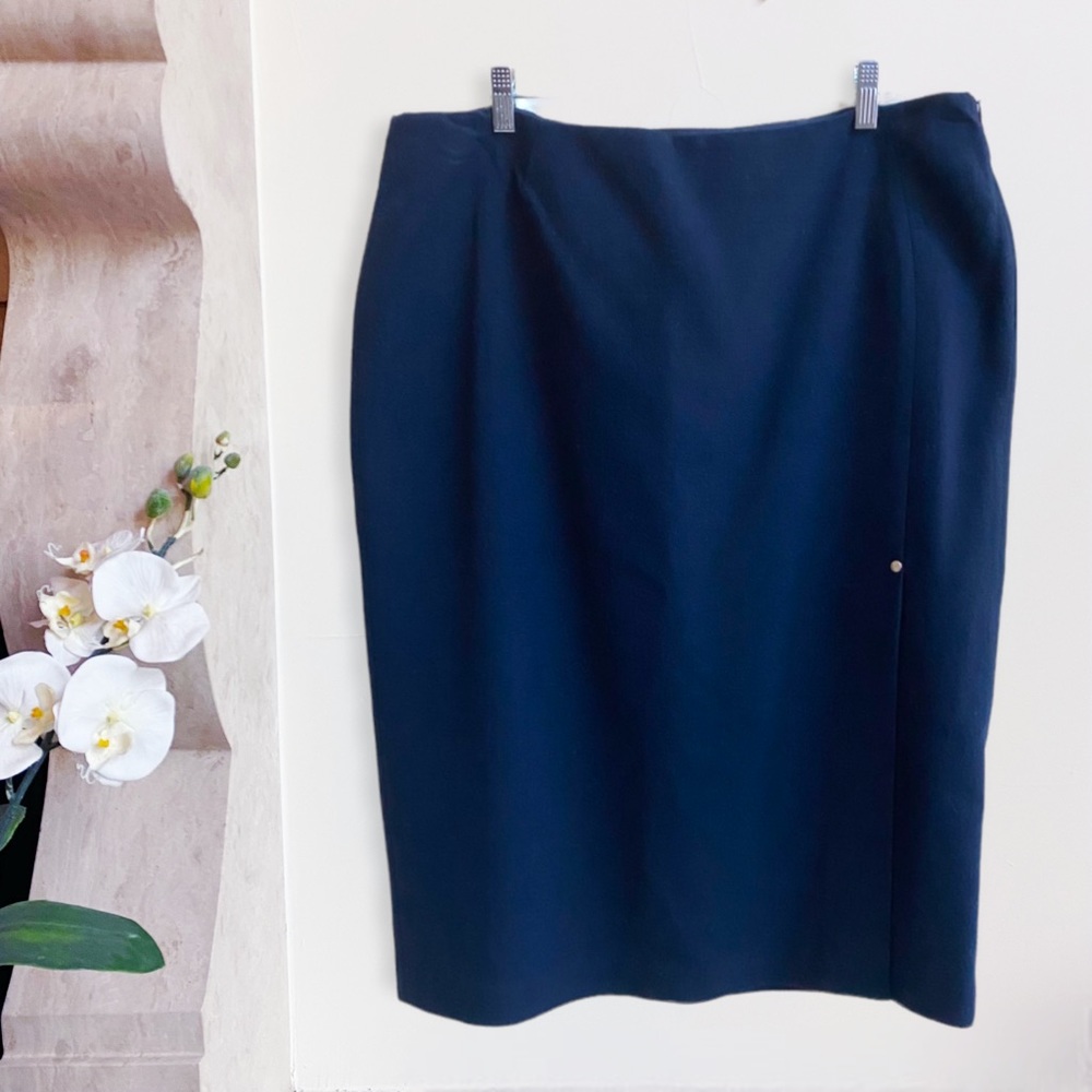 Lafayette 148 New York Navy Blue Side Slit Wool Pencil Skirt Women Size 16